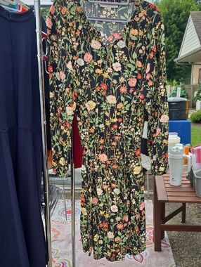 LOFT - Floral V-Neck Long Sleeve Dress in Black with Multicolor Blooms